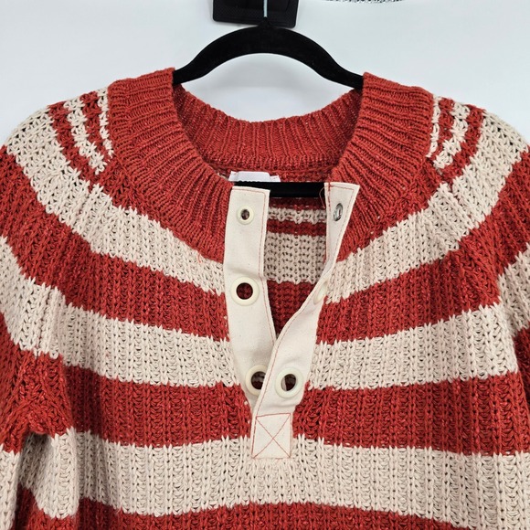 ee:some Los Angeles Striped Henley Sweater Rust Red Cream Bell Sleeve Small - Picture 3 of 10